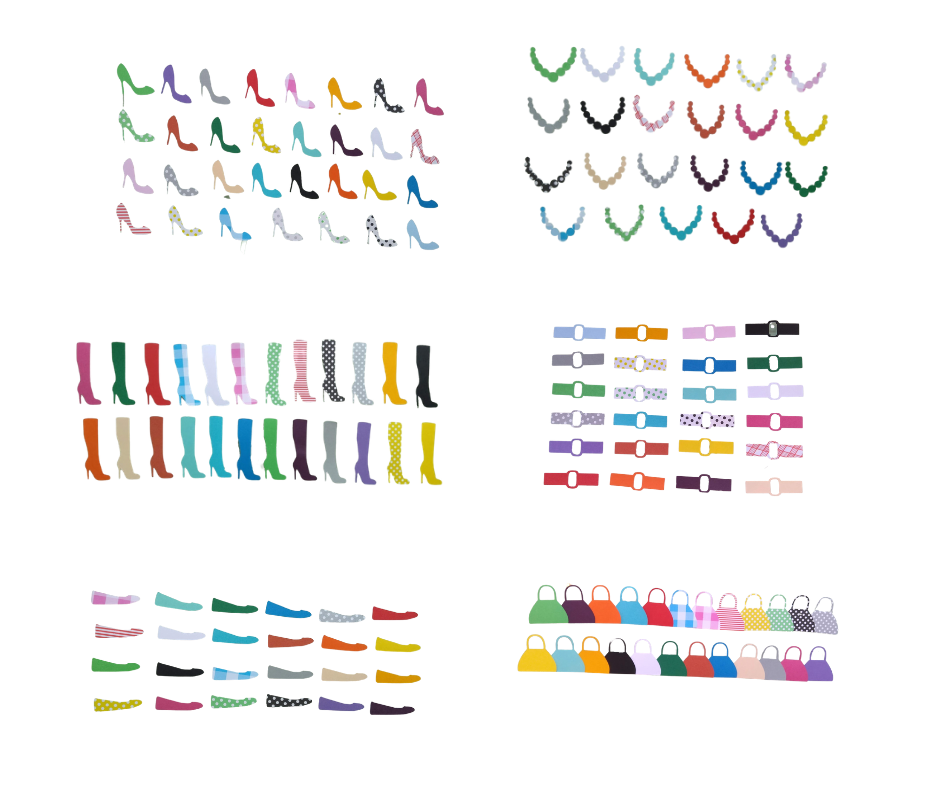 2 Scarpin, bota, sapatilha, colar, cinto e bolsa